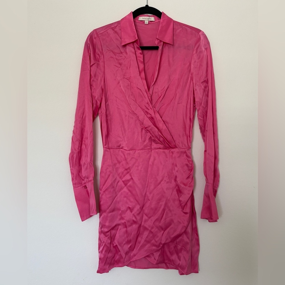 Favorite Daughter the Dinner Party Mini Shirt Dress Flamingo Pink Long Sleeve - Picture 3 of 9